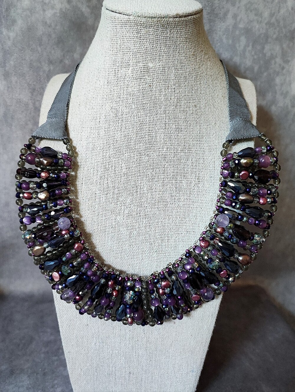Talbot's Talbots Grosgrain Ribbon Purple Eggplant Lucite Glass Bead Bib Necklace
